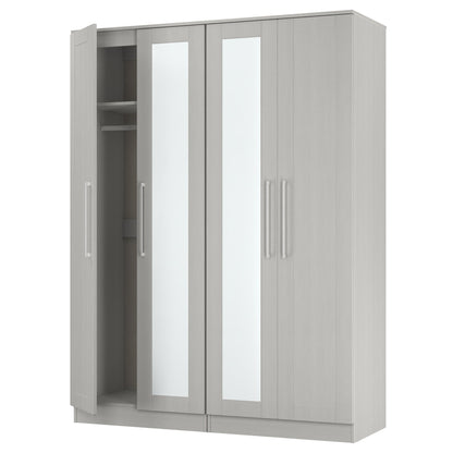 York Tall Mirror Wardrobe Grey 4 Doors 2 Shelves 148cm