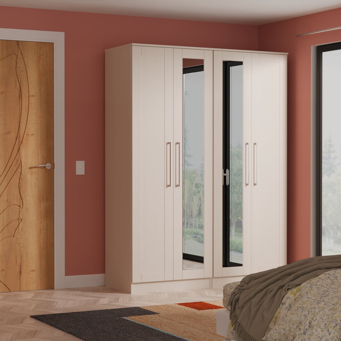 York Tall Mirror Wardrobe Cream 4 Doors 2 Shelves 148cm