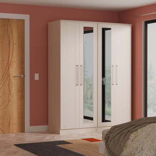 York Tall Mirror Wardrobe Cream 4 Doors 2 Shelves 148cm