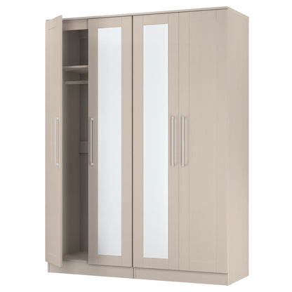 York Tall Mirror Wardrobe Cream 4 Doors 2 Shelves 148cm