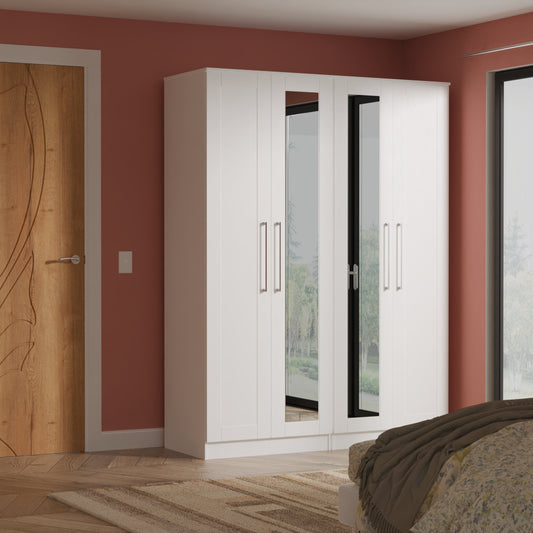 York Tall Mirror Wardrobe White 4 Doors 2 Shelves 148cm