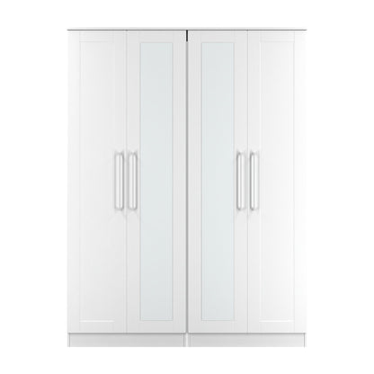 York Tall Mirror Wardrobe White 4 Doors 2 Shelves 148cm