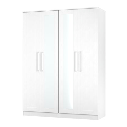 York Tall Mirror Wardrobe White 4 Doors 2 Shelves 148cm