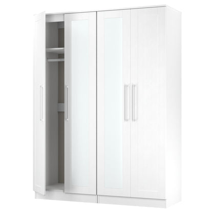 York Tall Mirror Wardrobe White 4 Doors 2 Shelves 148cm