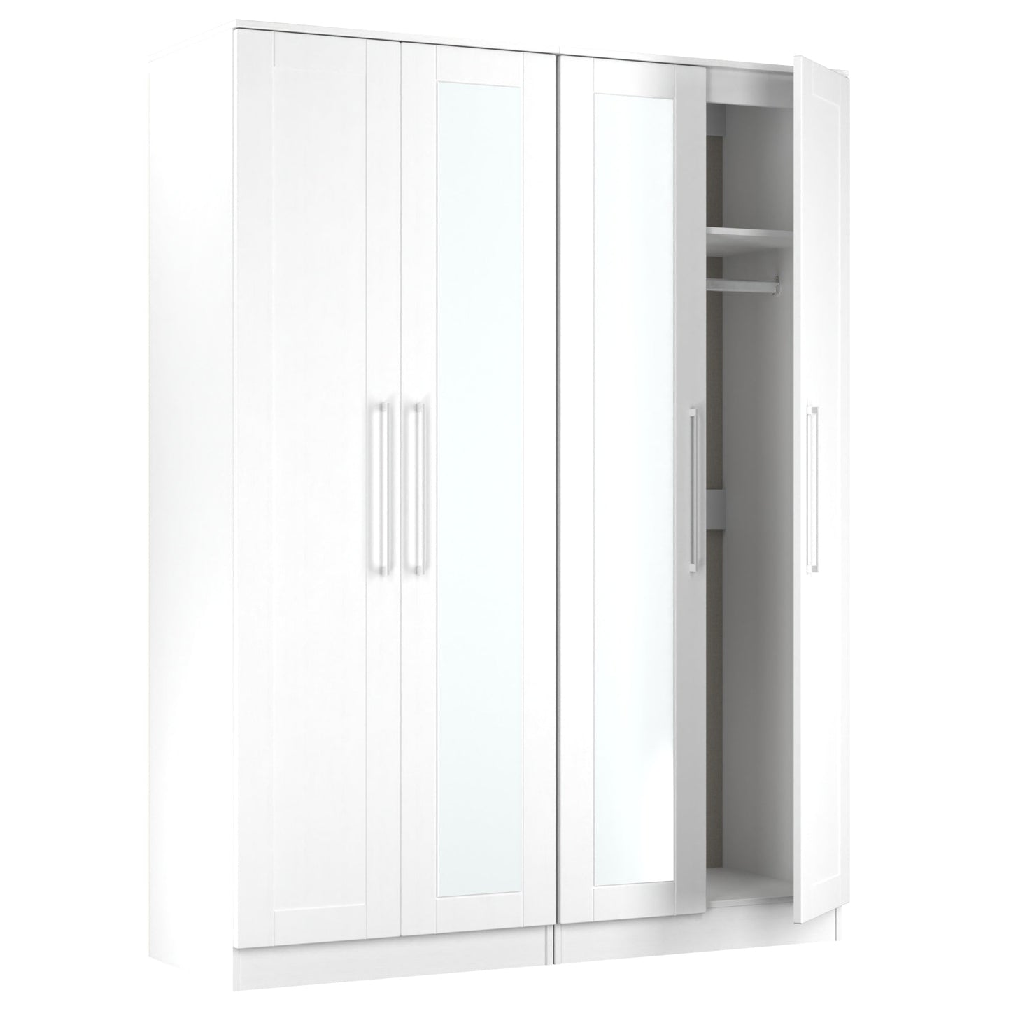 York Tall Mirror Wardrobe White 4 Doors 2 Shelves 148cm