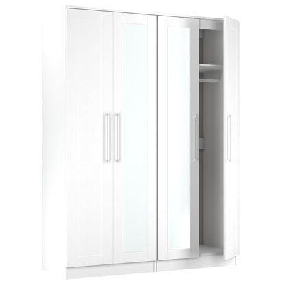 York Tall Mirror Wardrobe White 4 Doors 2 Shelves 148cm