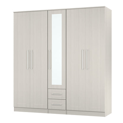 York Tall Mirror Wardrobe Grey 5 Doors 2 Shelves 2 Drawers 185cm