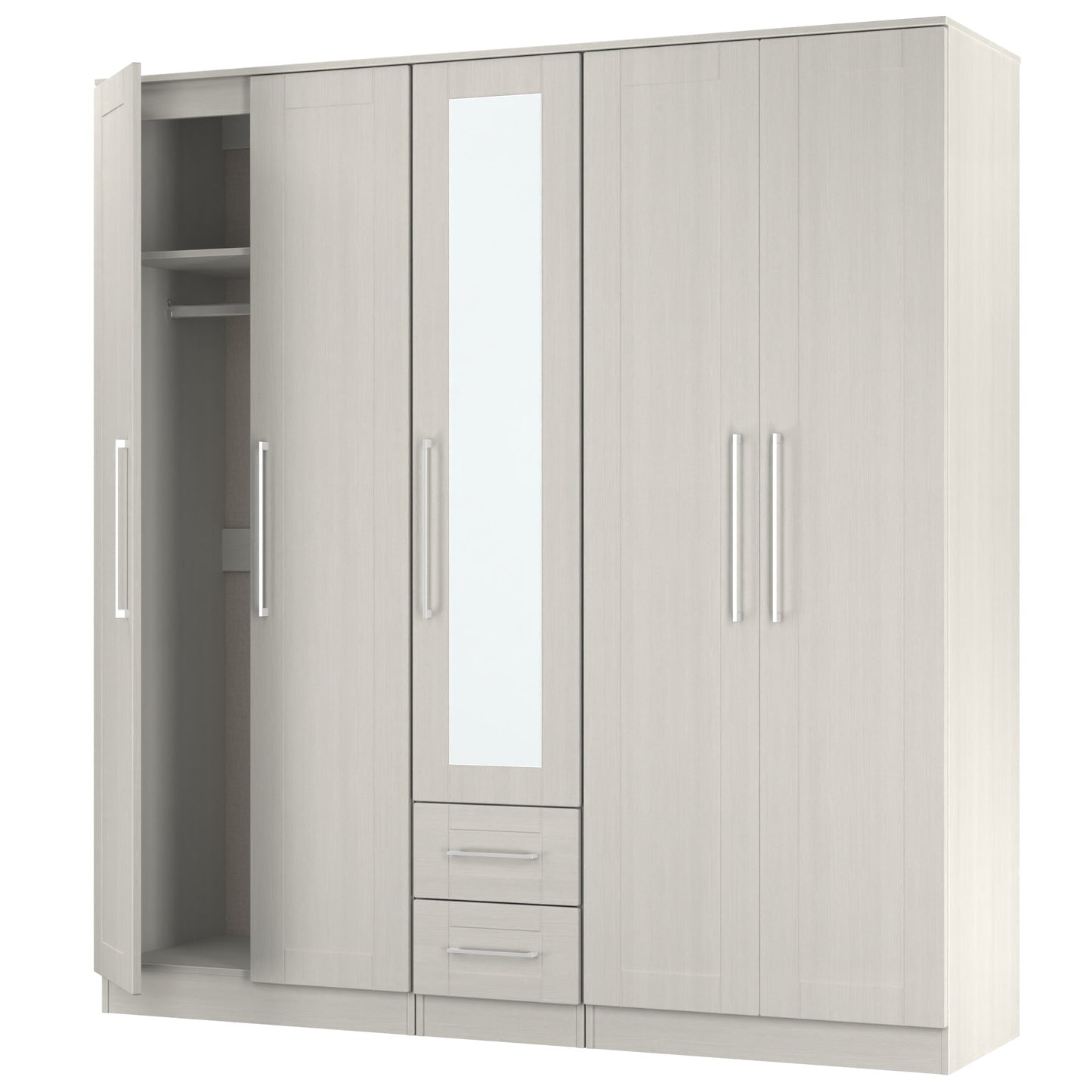 York Tall Mirror Wardrobe Grey 5 Doors 2 Shelves 2 Drawers 185cm