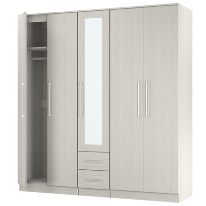 York Tall Mirror Wardrobe Grey 5 Doors 2 Shelves 2 Drawers 185cm