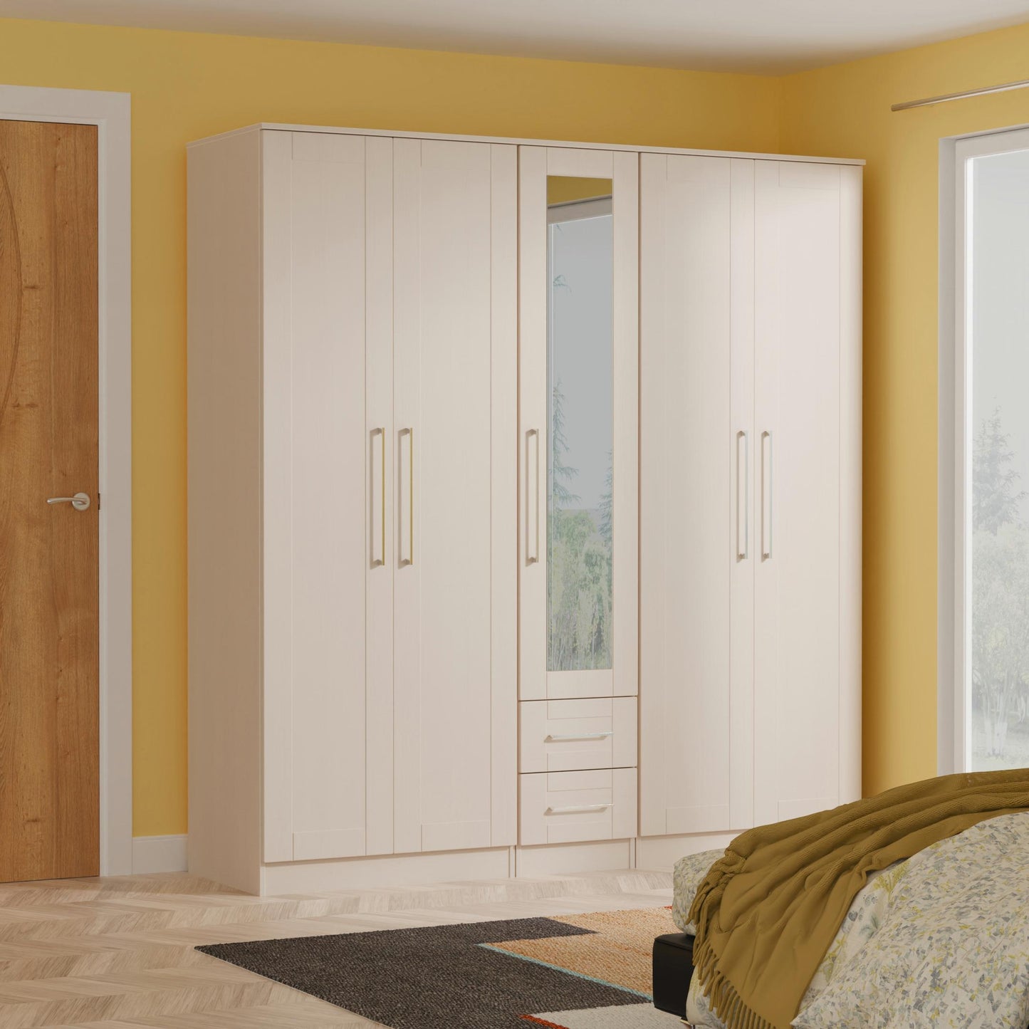 York Tall Mirror Wardrobe Cream 5 Doors 2 Shelves 2 Drawers 185cm
