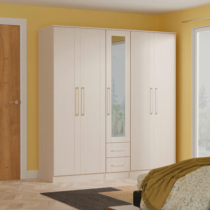 York Tall Mirror Wardrobe Cream 5 Doors 2 Shelves 2 Drawers 185cm