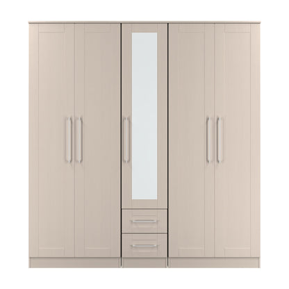 York Tall Mirror Wardrobe Cream 5 Doors 2 Shelves 2 Drawers 185cm