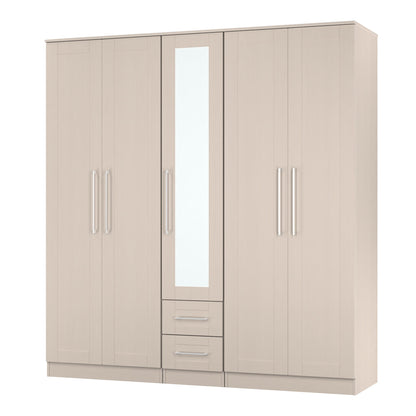 York Tall Mirror Wardrobe Cream 5 Doors 2 Shelves 2 Drawers 185cm