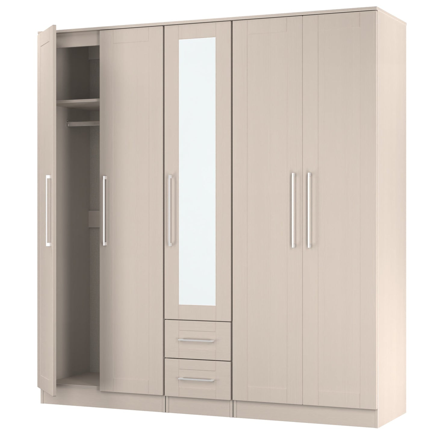 York Tall Mirror Wardrobe Cream 5 Doors 2 Shelves 2 Drawers 185cm