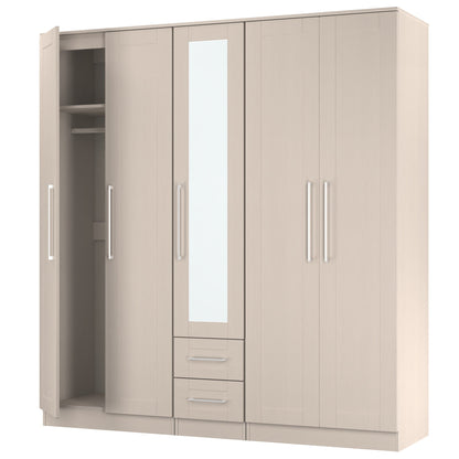 York Tall Mirror Wardrobe Cream 5 Doors 2 Shelves 2 Drawers 185cm