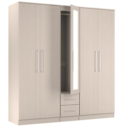 York Tall Mirror Wardrobe Cream 5 Doors 2 Shelves 2 Drawers 185cm