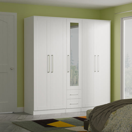 York Tall Mirror Wardrobe White 5 Doors 2 Shelves 2 Drawers 185cm