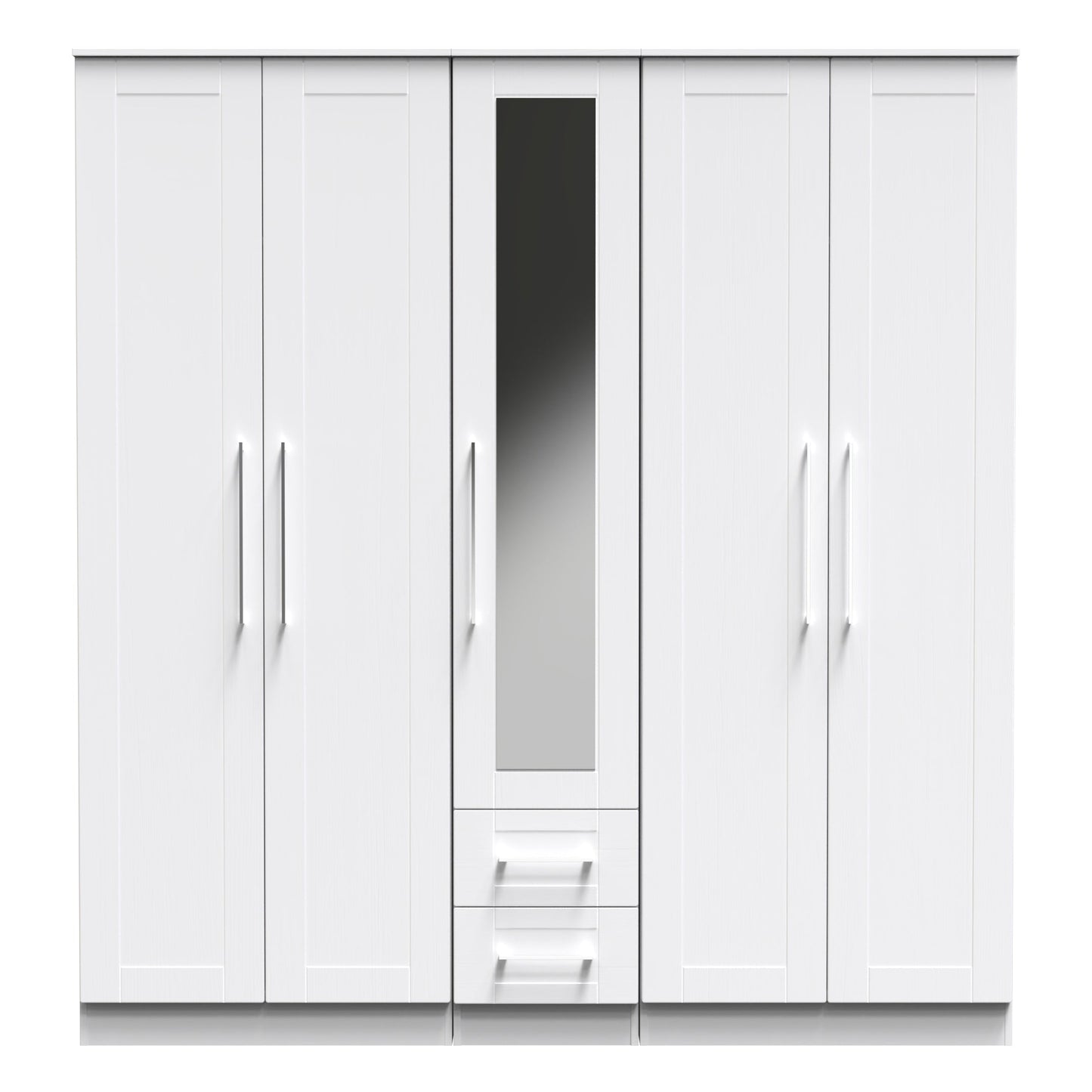 York Tall Mirror Wardrobe White 5 Doors 2 Shelves 2 Drawers 185cm