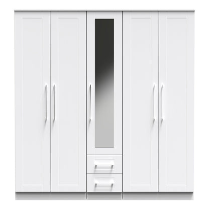 York Tall Mirror Wardrobe White 5 Doors 2 Shelves 2 Drawers 185cm