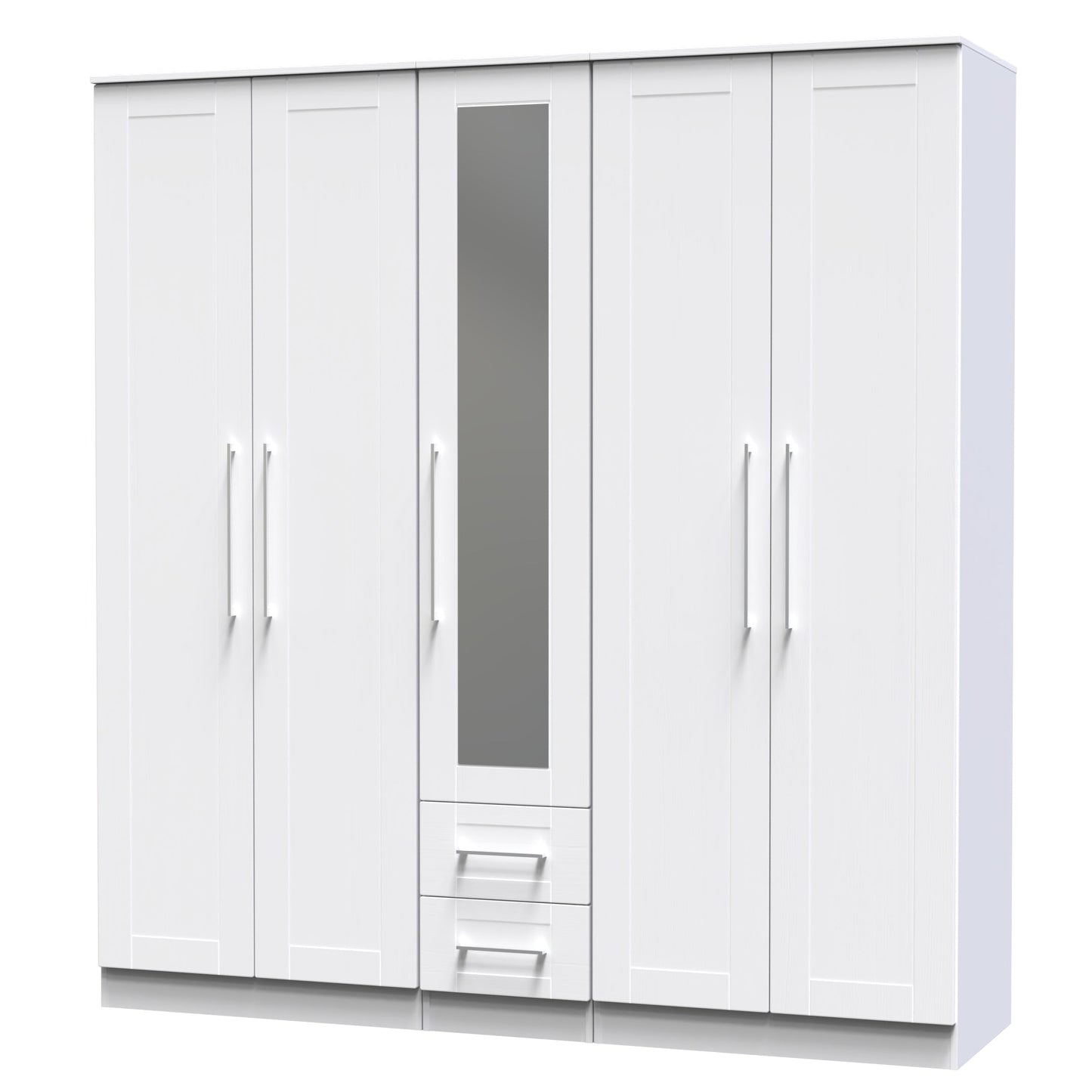York Tall Mirror Wardrobe White 5 Doors 2 Shelves 2 Drawers 185cm