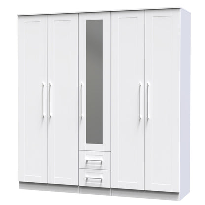 York Tall Mirror Wardrobe White 5 Doors 2 Shelves 2 Drawers 185cm