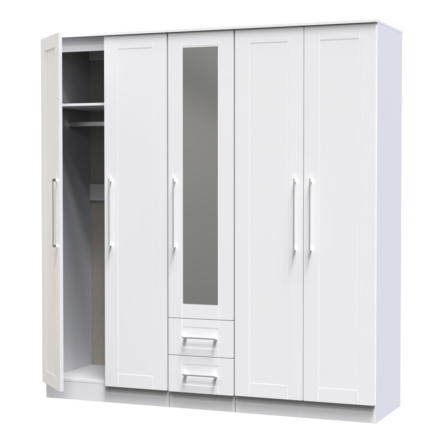 York Tall Mirror Wardrobe White 5 Doors 2 Shelves 2 Drawers 185cm