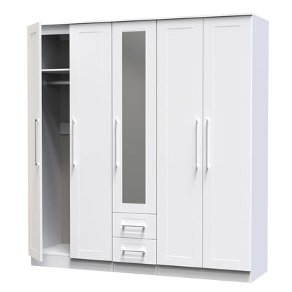 York Tall Mirror Wardrobe White 5 Doors 2 Shelves 2 Drawers 185cm