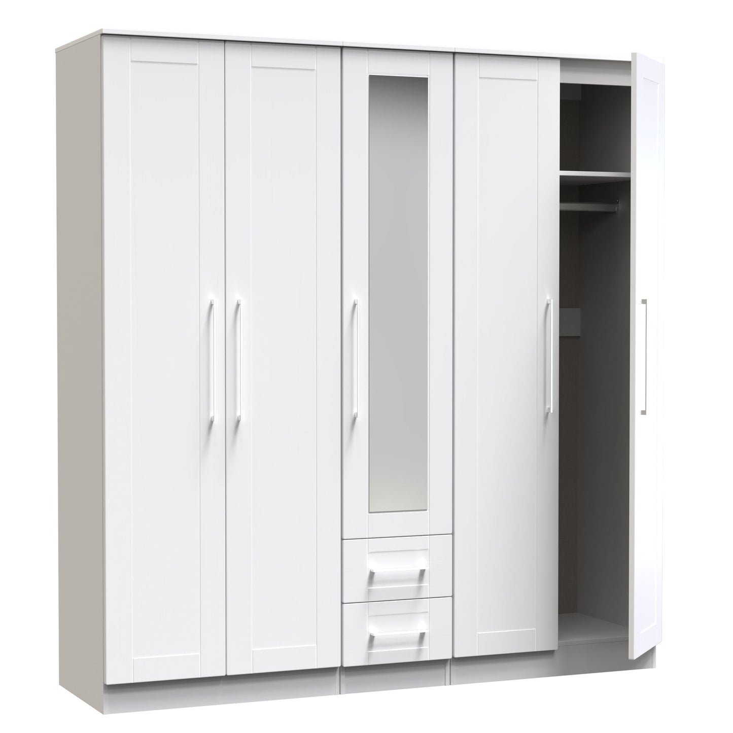 York Tall Mirror Wardrobe White 5 Doors 2 Shelves 2 Drawers 185cm