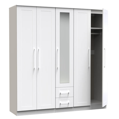 York Tall Mirror Wardrobe White 5 Doors 2 Shelves 2 Drawers 185cm