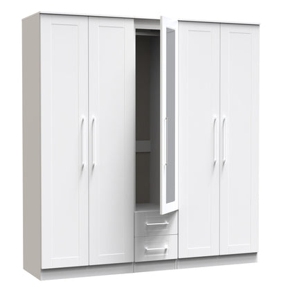 York Tall Mirror Wardrobe White 5 Doors 2 Shelves 2 Drawers 185cm