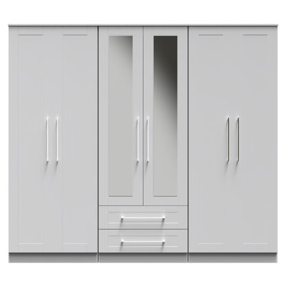 York Tall Mirror Wardrobe Grey 6 Doors 2 Shelves 2 Drawers 222cm