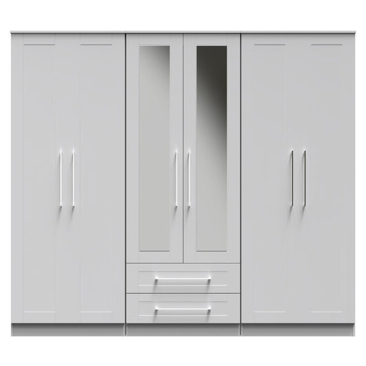 York Tall Mirror Wardrobe Grey 6 Doors 2 Shelves 2 Drawers 222cm
