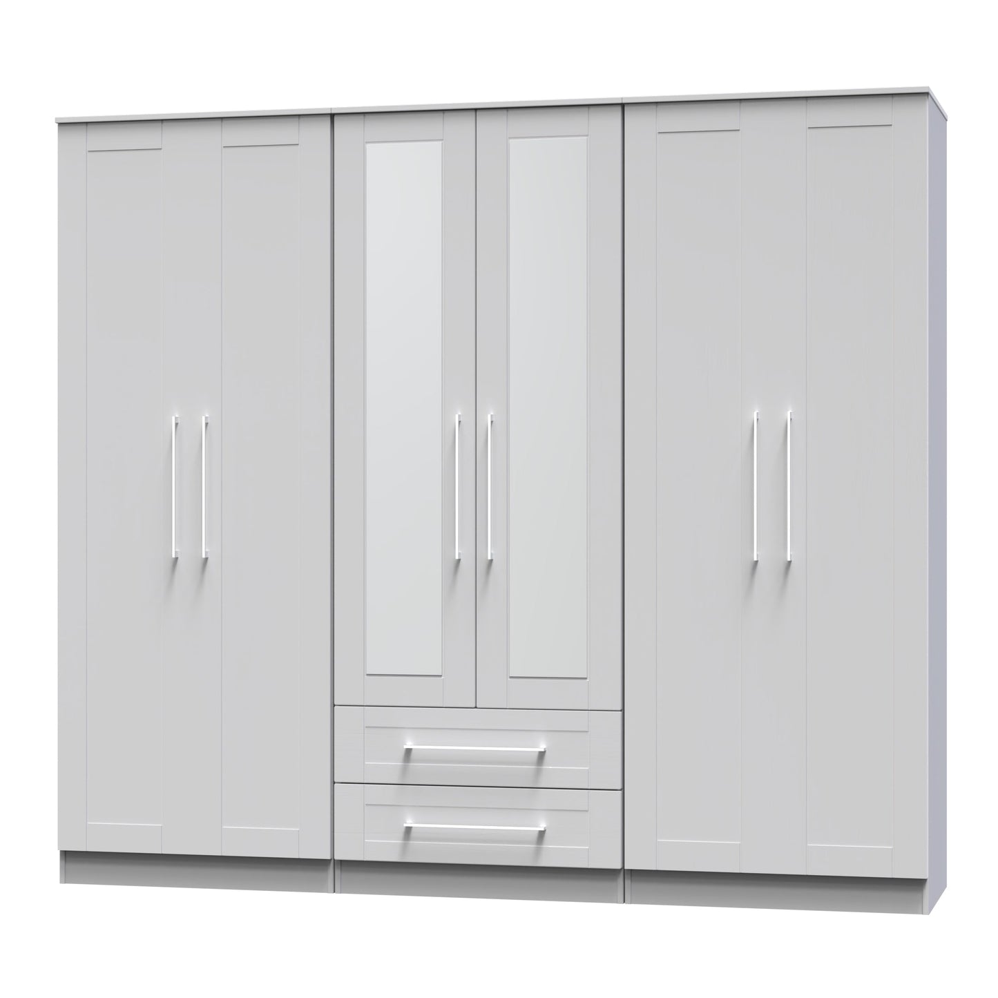 York Tall Mirror Wardrobe Grey 6 Doors 2 Shelves 2 Drawers 222cm