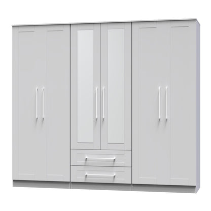 York Tall Mirror Wardrobe Grey 6 Doors 2 Shelves 2 Drawers 222cm