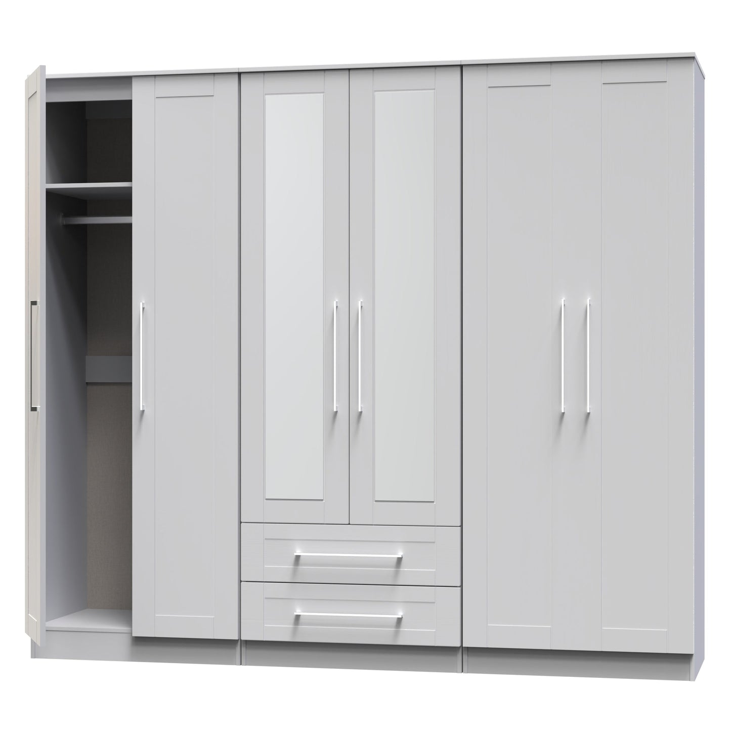 York Tall Mirror Wardrobe Grey 6 Doors 2 Shelves 2 Drawers 222cm