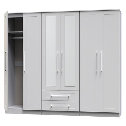 York Tall Mirror Wardrobe Grey 6 Doors 2 Shelves 2 Drawers 222cm
