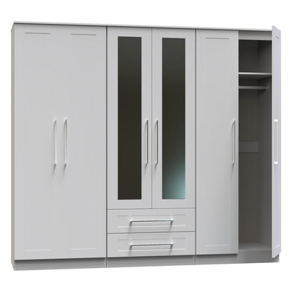 York Tall Mirror Wardrobe Grey 6 Doors 2 Shelves 2 Drawers 222cm