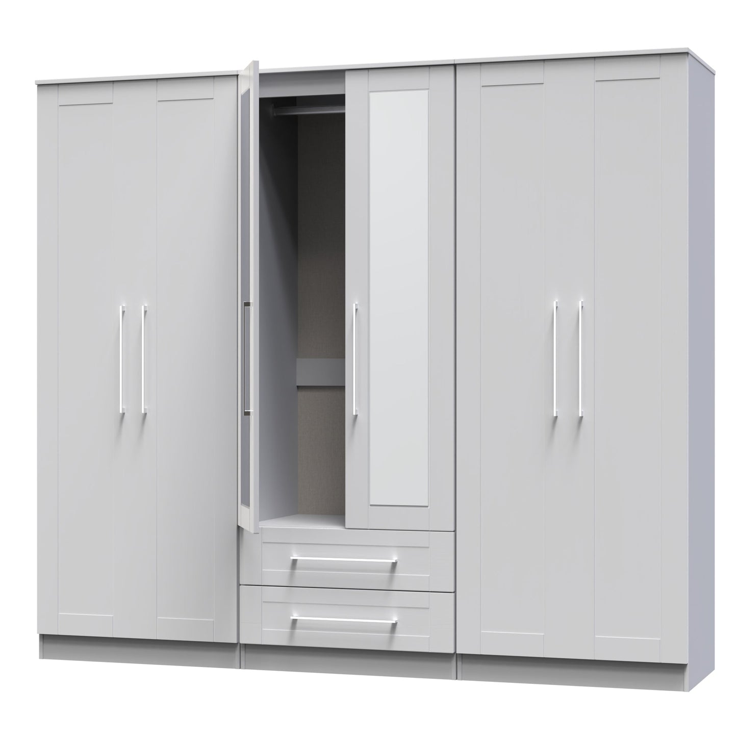 York Tall Mirror Wardrobe Grey 6 Doors 2 Shelves 2 Drawers 222cm