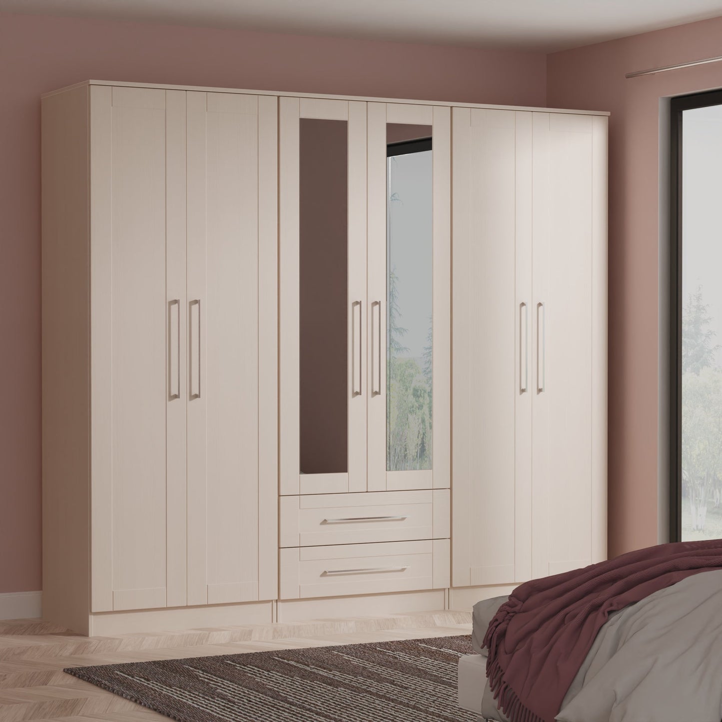 York Tall Mirror Wardrobe Cream 6 Doors 2 Shelves 2 Drawers 222cm