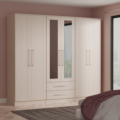 York Tall Mirror Wardrobe Cream 6 Doors 2 Shelves 2 Drawers 222cm