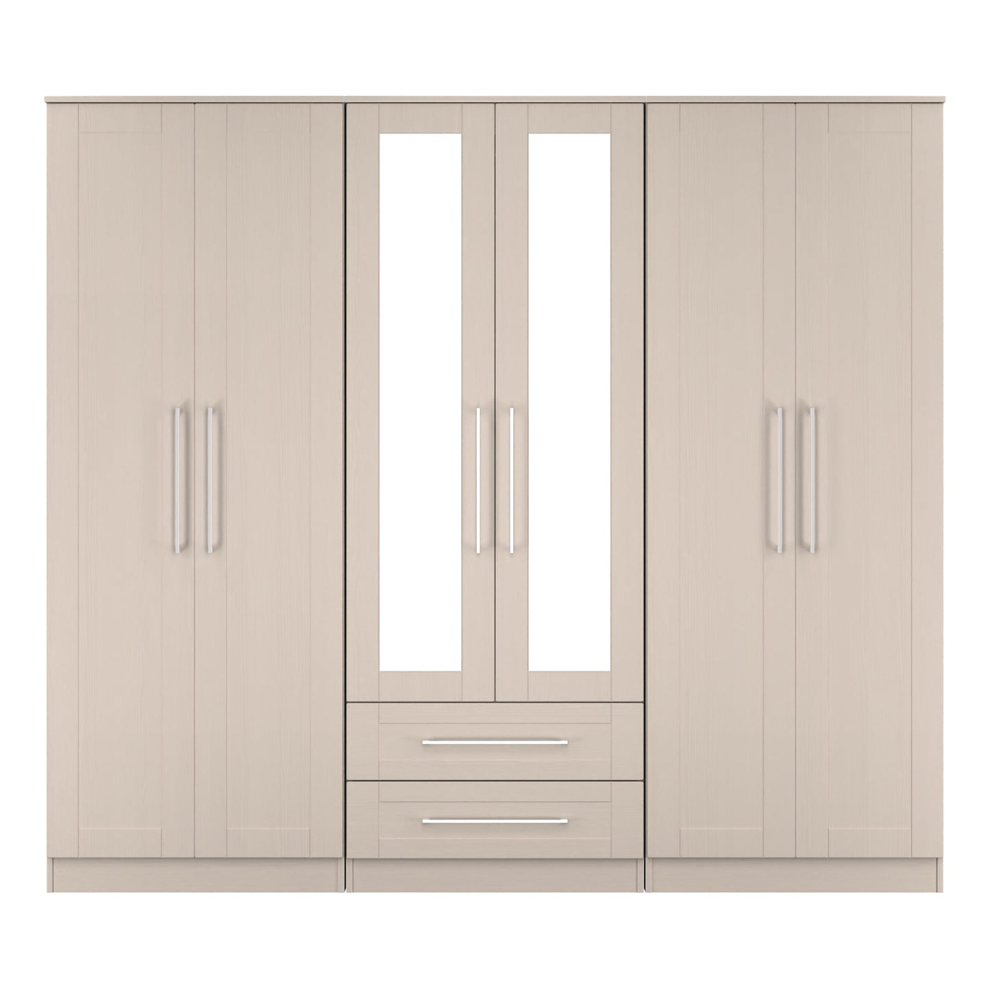 York Tall Mirror Wardrobe Cream 6 Doors 2 Shelves 2 Drawers 222cm