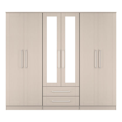 York Tall Mirror Wardrobe Cream 6 Doors 2 Shelves 2 Drawers 222cm