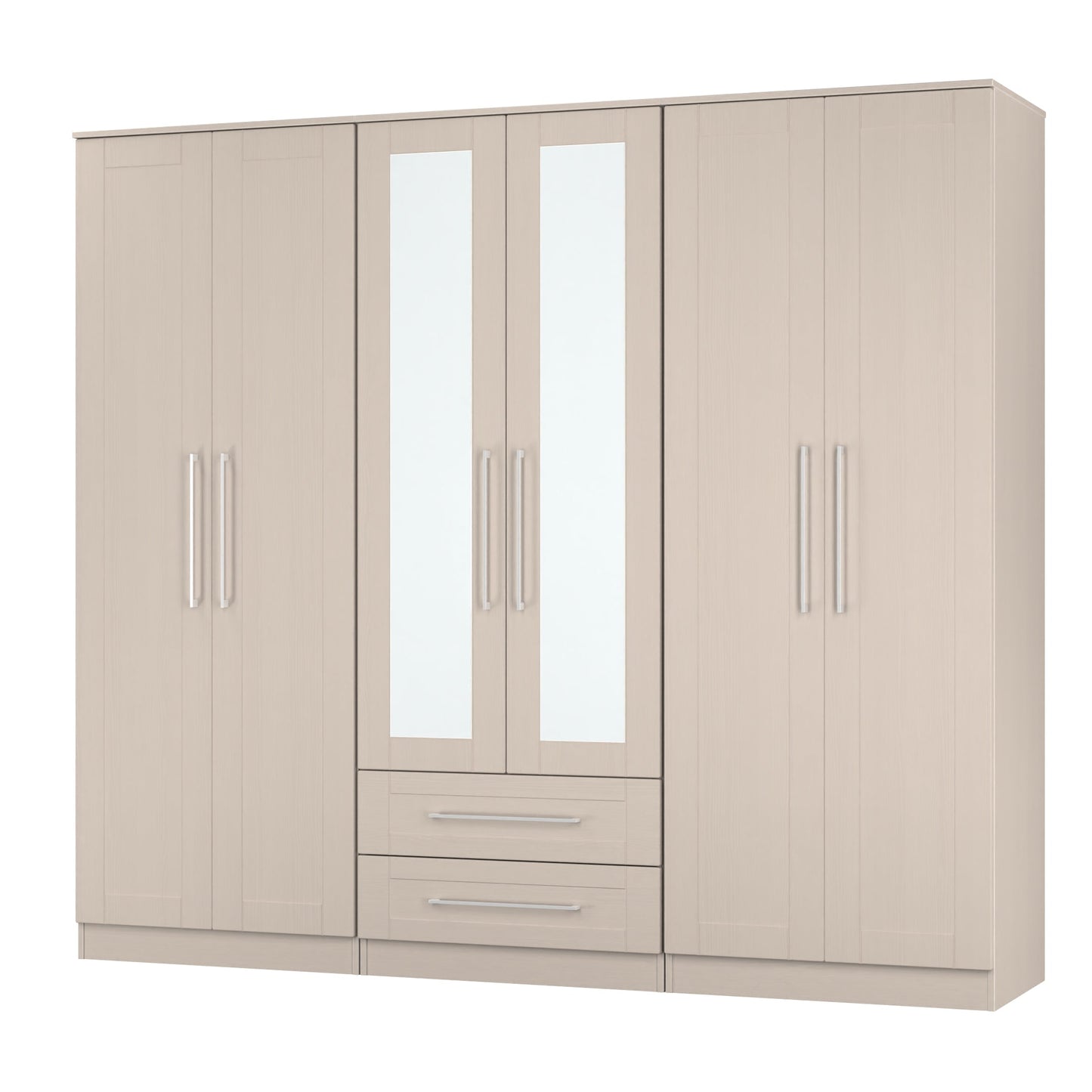 York Tall Mirror Wardrobe Cream 6 Doors 2 Shelves 2 Drawers 222cm