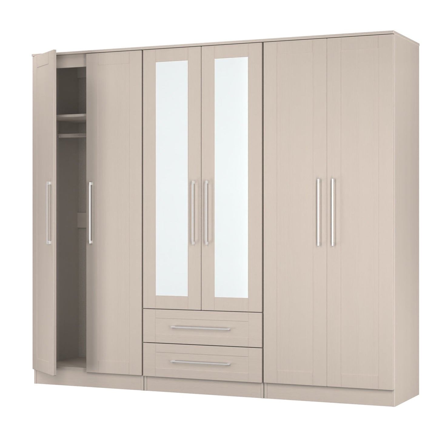 York Tall Mirror Wardrobe Cream 6 Doors 2 Shelves 2 Drawers 222cm