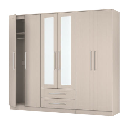 York Tall Mirror Wardrobe Cream 6 Doors 2 Shelves 2 Drawers 222cm