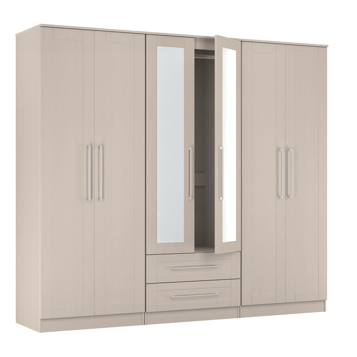 York Tall Mirror Wardrobe Cream 6 Doors 2 Shelves 2 Drawers 222cm