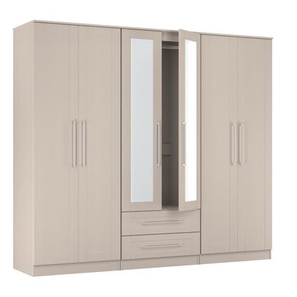 York Tall Mirror Wardrobe Cream 6 Doors 2 Shelves 2 Drawers 222cm