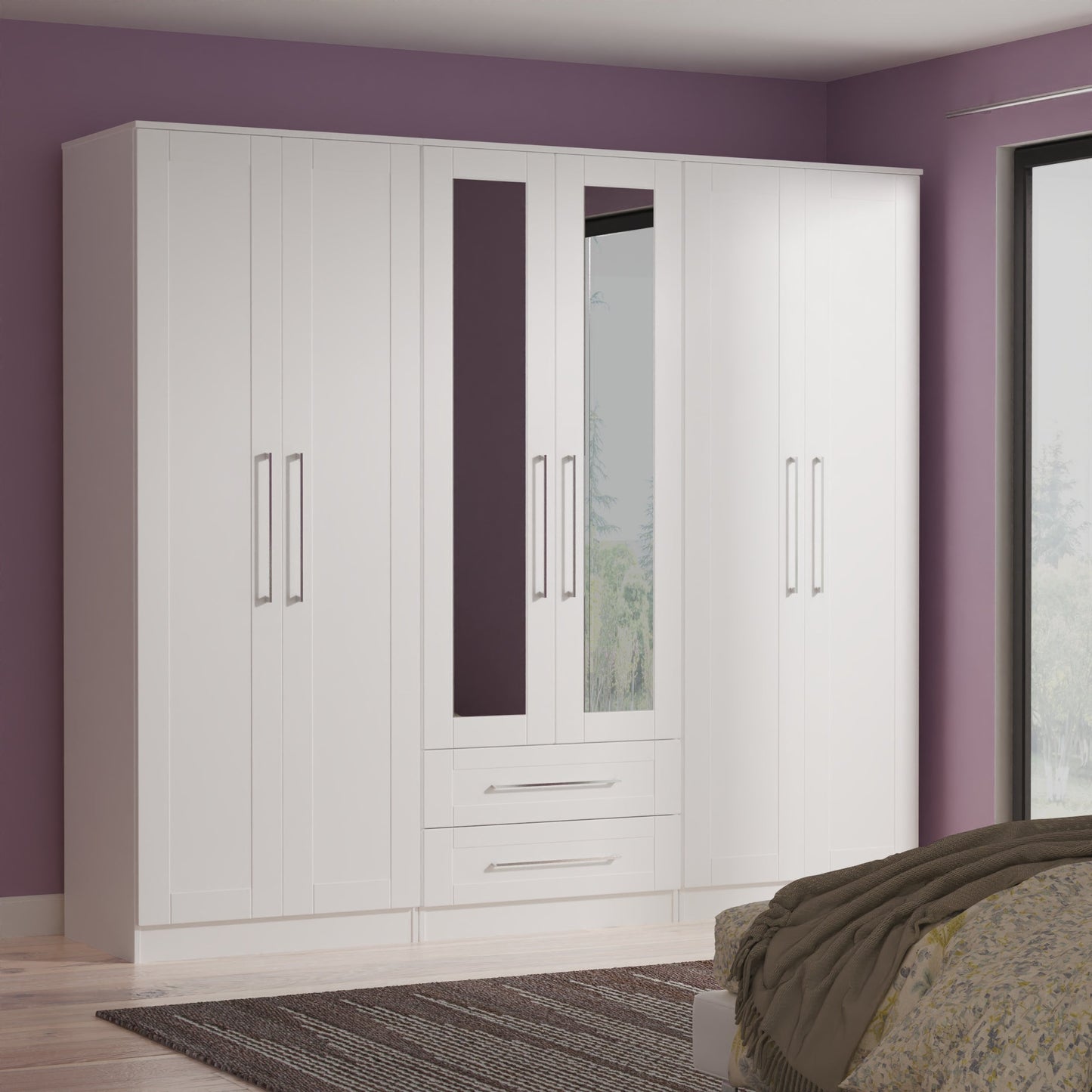 York Tall Mirror Wardrobe White 6 Doors 2 Shelves 2 Drawers 222cm