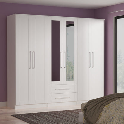 York Tall Mirror Wardrobe White 6 Doors 2 Shelves 2 Drawers 222cm