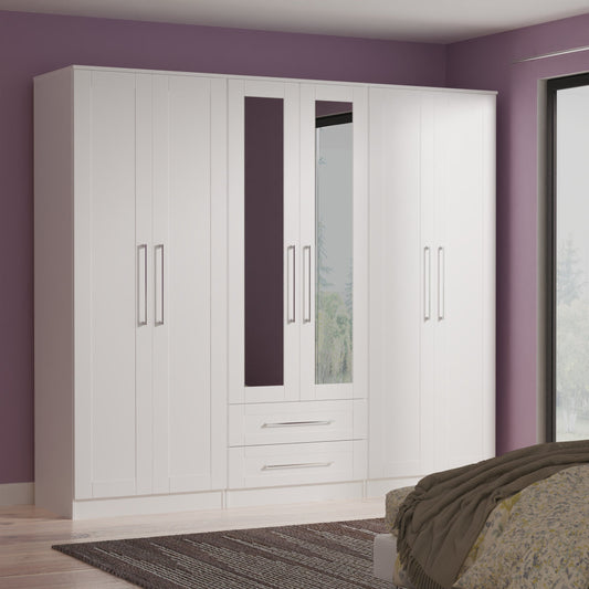 York Tall Mirror Wardrobe White 6 Doors 2 Shelves 2 Drawers 222cm